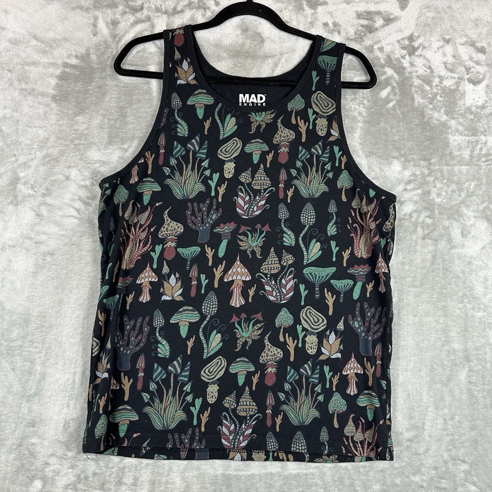 Mad Engine Tank Top Men's M Black w/ All Over Mushroom Print